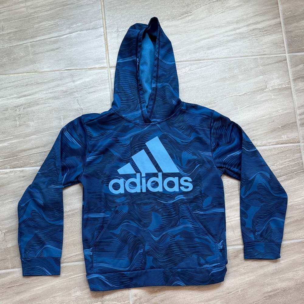 Adidas Boys Larger‎ Performance Athletic Logo Pull Over Hoodie Blue Swirl Pocket
